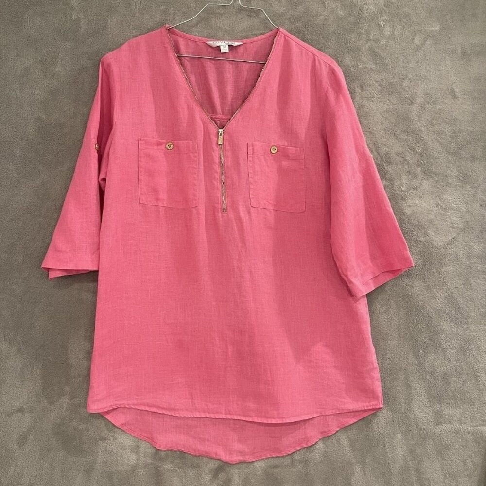 Company Ellen Tracy Shirt Womens Medium Linen Zip Front Pockets Blouse Top